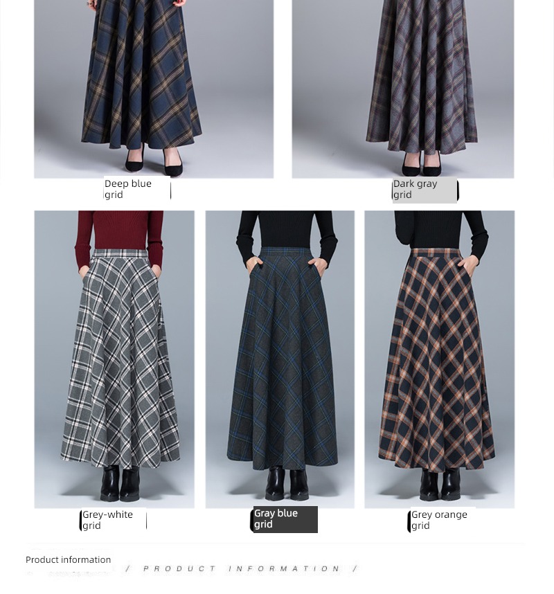 Wool lattice Retro Big size High waist Show thin Medium length skirt