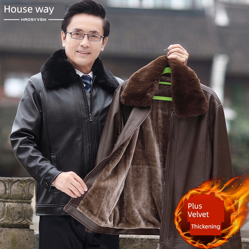 Autumn and winter Plush thickening keep warm Middle aged man leather clothing