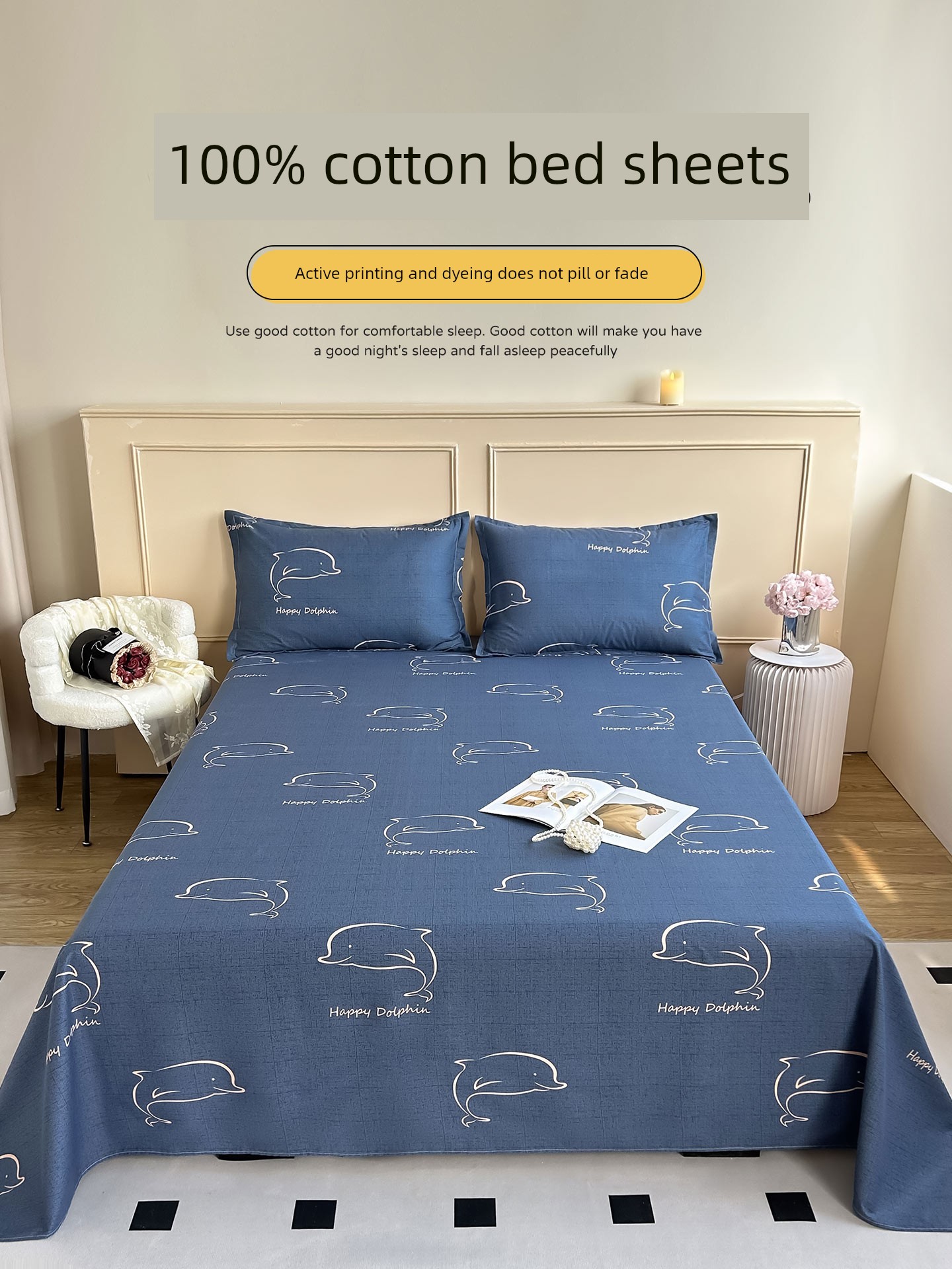 Pure Cotton Bed Sheet Single Piece for Student Dormitory, Single Children's 100% Cotton Double Thickened Bed Sheet and Pillowcase Three-Piece Set 1.8