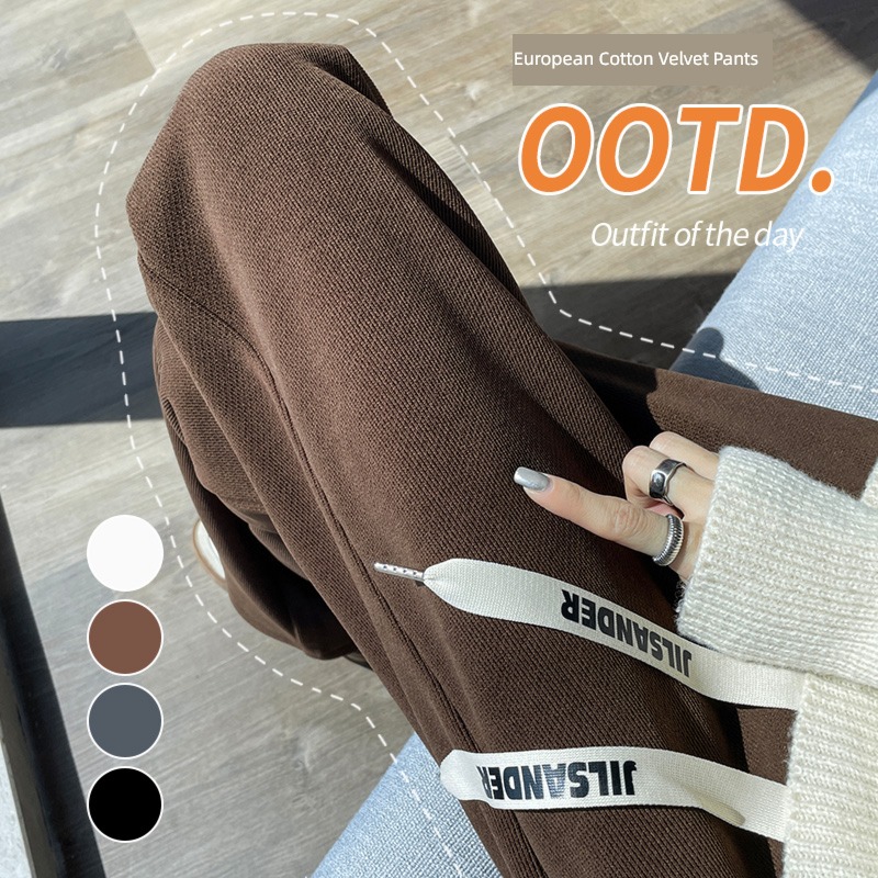 Coffee chenille  Autumn and winter Plush Straight cylinder Wide leg pants