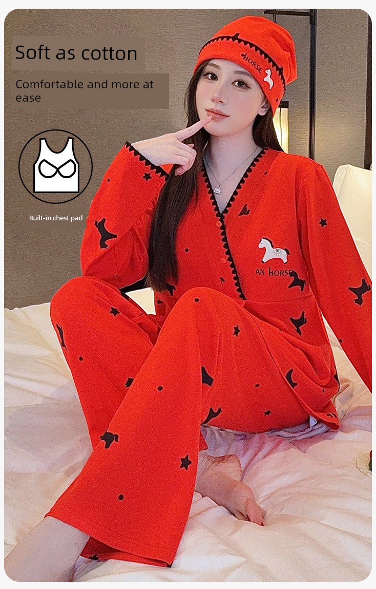Free Hat with Purchase: Autumn and Winter Pure Cotton Postpartum Clothing, October Postpartum Maternity Nursing Pajama Set, Spring and Autumn Maternity — 1