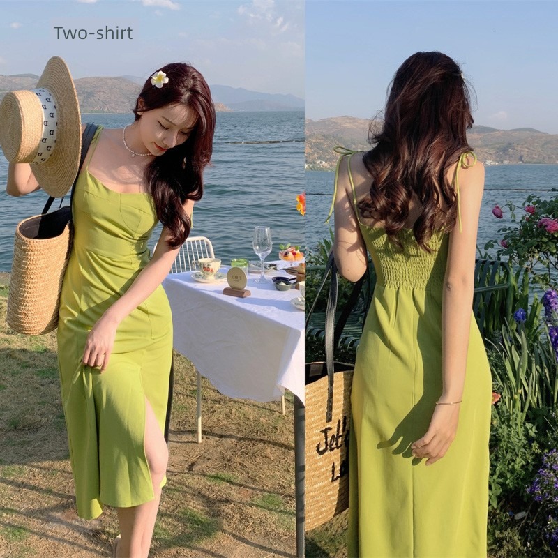 Korean version temperament avocado blackish green camisole Dress