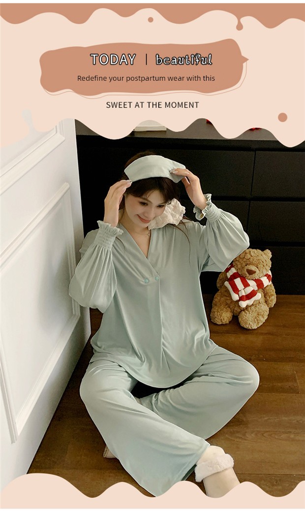 Free Hairband with Modal Maternity Pajamas for Women, Spring and Autumn Cool Nursing Postpartum Wear, Summer Thin Style with Breast Pads for Home Use — 6