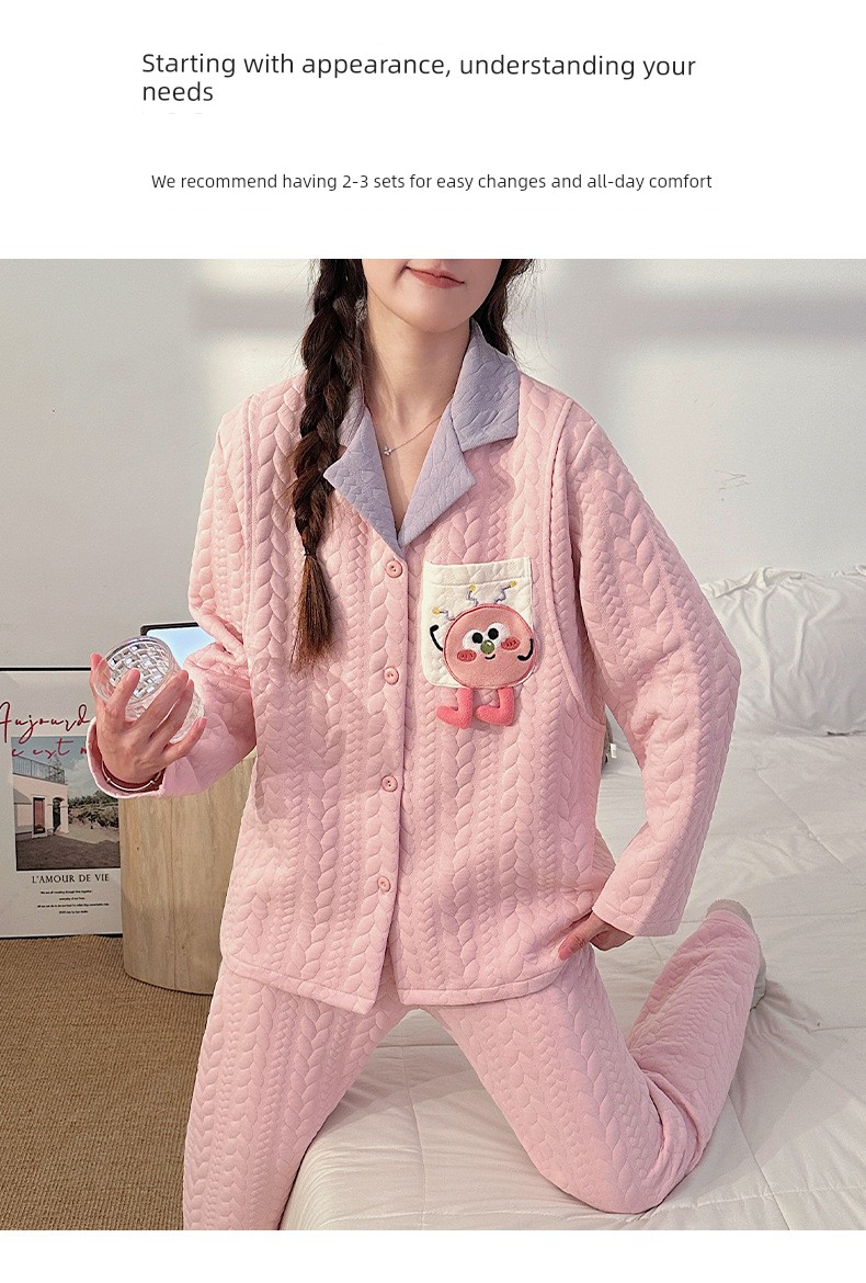 Maternity Pajamas Autumn and Winter Style Thickened Three-Layer Pure Cotton Warm Postpartum Nursing Home Wear Maternity Set — 11