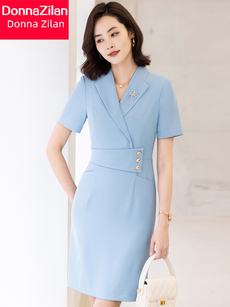 occupation Short sleeve Dress female summer 2023 The new Close your waist commute temperament Beauty Salon formal wear coverall skirt