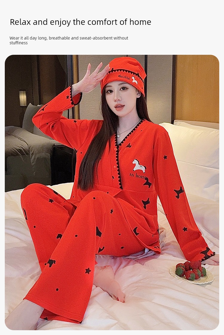 Free Hat with Purchase: Autumn and Winter Pure Cotton Postpartum Clothing, October Postpartum Maternity Nursing Pajama Set, Spring and Autumn Maternity — 4