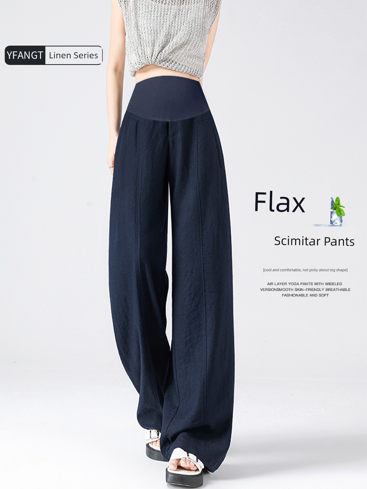 Maternity Pants for Summer 2026, New Style, Thin Linen, Loose Fit, Non-Tight on the Belly, Dark Blue Casual Wide-Leg Pants for Summer