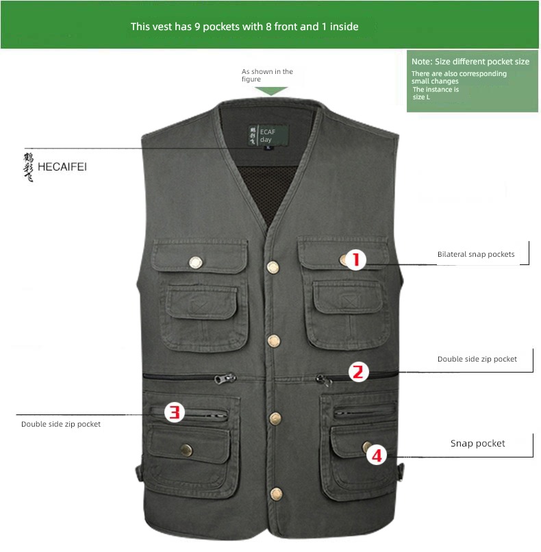 Cotton outdoors Middle aged and elderly man spring and autumn Multiple pockets Photography Vest easy vest washing pure cotton go fishing Vest