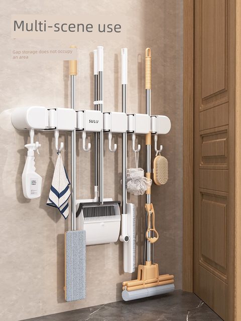 Wall-mounted mop clip rack rust-proof and hole-free toilet bathroom balcony snap-fixed broom storage rack