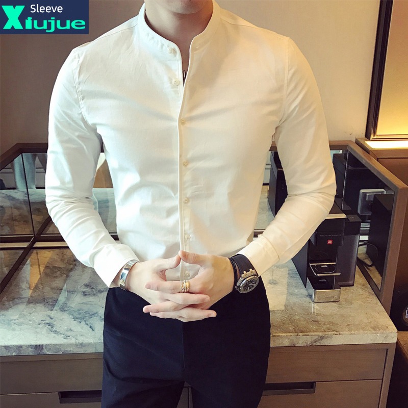 Zhongshan collar Long sleeve Korean version Self-cultivation leisure time handsome shirt