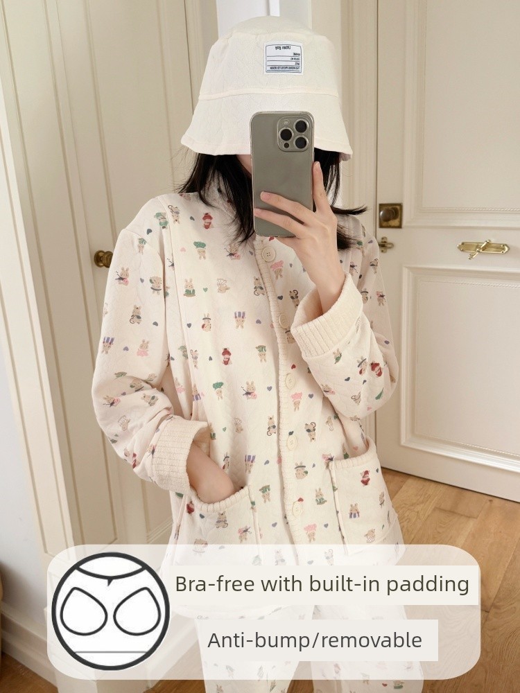 Spring, Autumn, and Winter Maternity Pajamas with Chest Pads, Thickened Air Cotton, No Need to Wear Underwear, Layered Maternity Sleepwear with Hood Set — 5