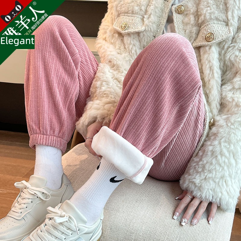 Pink spring and autumn winter Plush leisure time Tie one's feet Sports pants