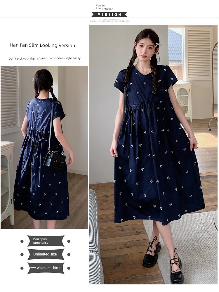 Maternity Wear Summer Loose-Fitting Age-Reducing Embroidered Dress 2026 New Style Petite High-Waisted Slimming Mid-Length Dress — 5