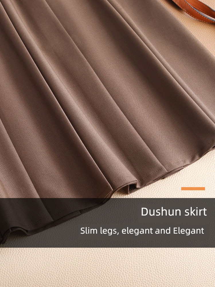 spring Coffee High waist Medium and long term Show thin Pleated skirt