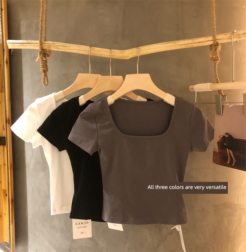 clavicle Solid color Self-cultivation T-shirt female Versatile Spring and summer Short sleeve