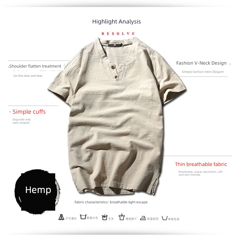 Short sleeve Chinese style Two piece set Big size V-neck flax