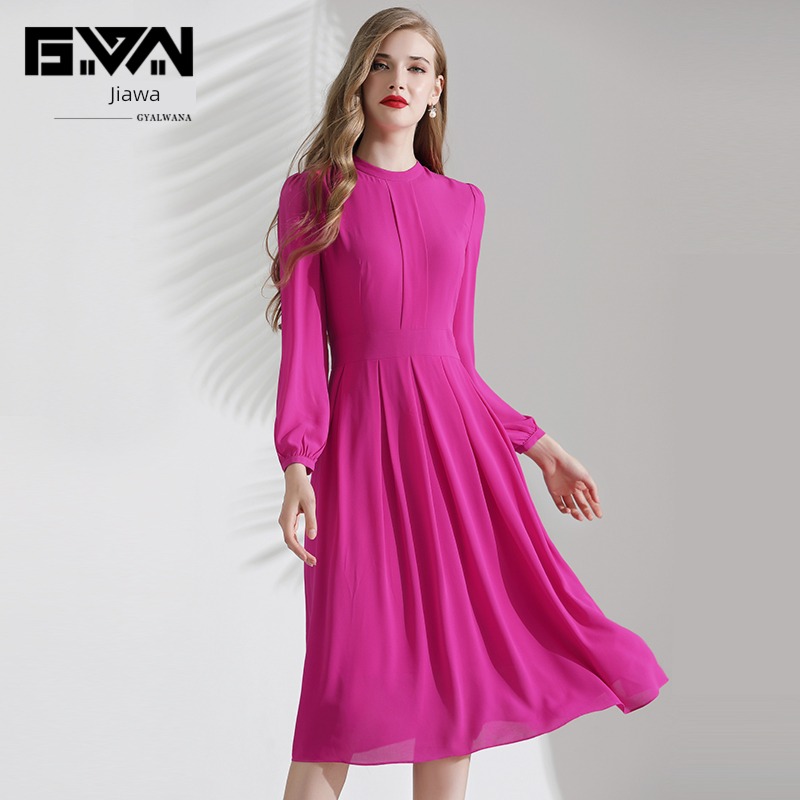 The new rose red Chiffon Self-cultivation Long sleeve Dress