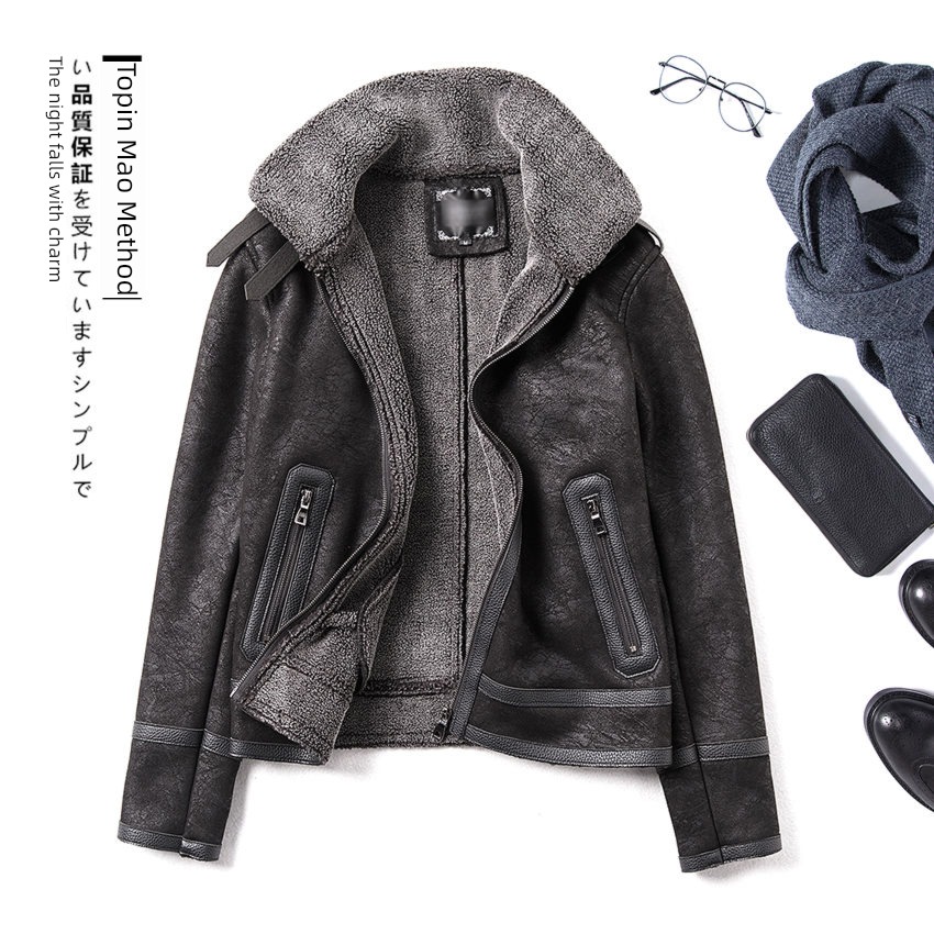 loose coat man winter thickening Lamb cashmere leather clothing