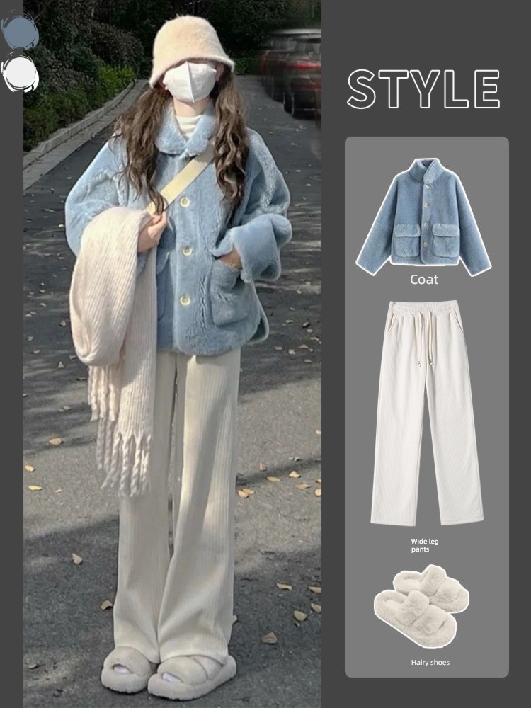 Off white Spring, autumn and winter High waist leisure time Plush Wide leg pants