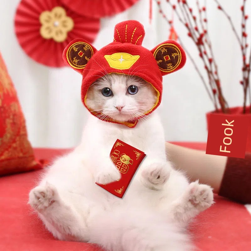 貓咪新年帽子過年小貓頭套英短頭飾寵物狗狗卡通聖誕圍巾圍脖飾品 (8.3折)