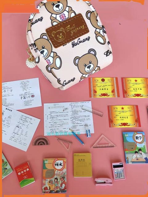 Mini food play, children's house play toys, mini stationery, full set of books, school bags, handmade DIY scene decorations
