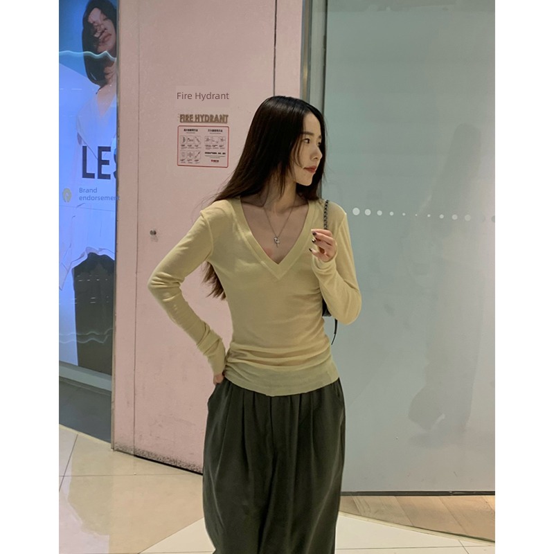 Xiangzi Chic Simplicity Long sleeve T-shirt yellow Undershirt