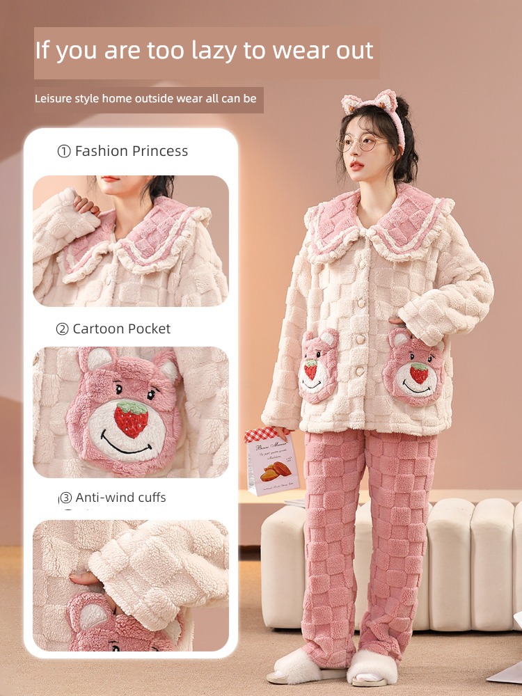 female Strawberry bear Long sleeve thickening Flannel winter pajamas