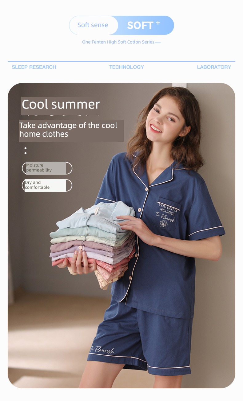 Finthen  female summer Cardigan Big size Cotton Short sleeve pajamas