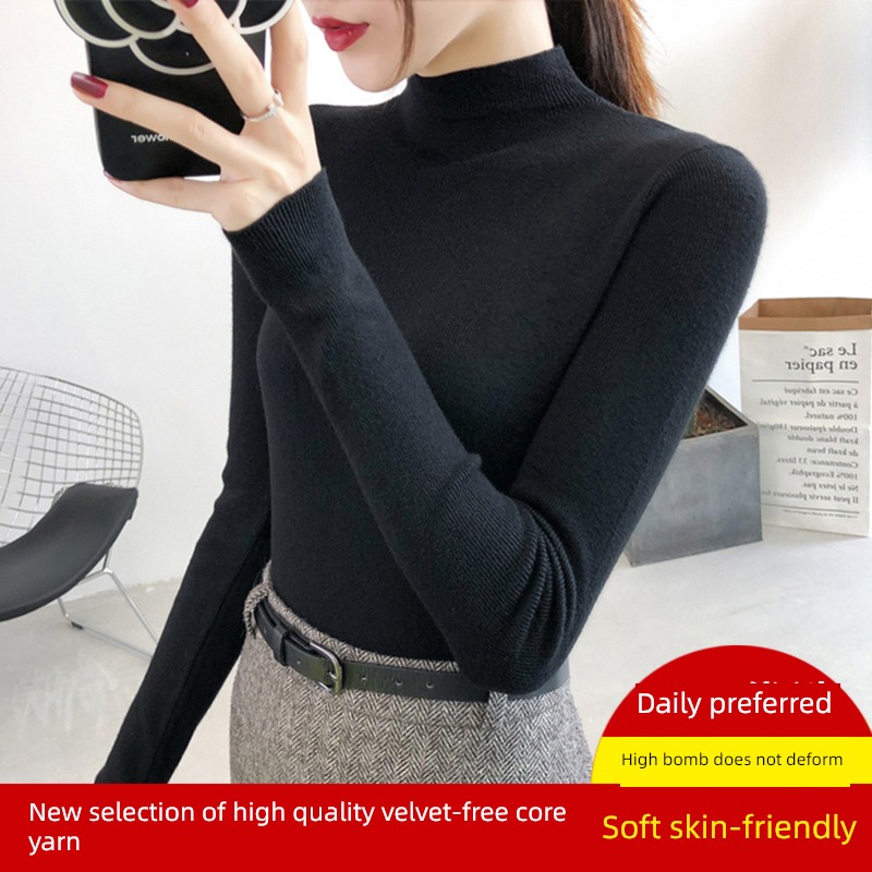 black Tight fitting Half high collar Autumn and winter Inner lap Sweater