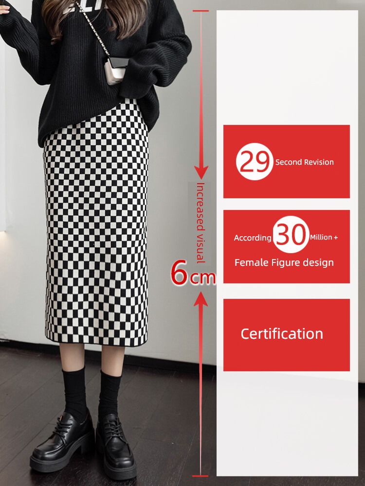 Medium and long term High waist Buttocks A-line skirt checkerboard lattice