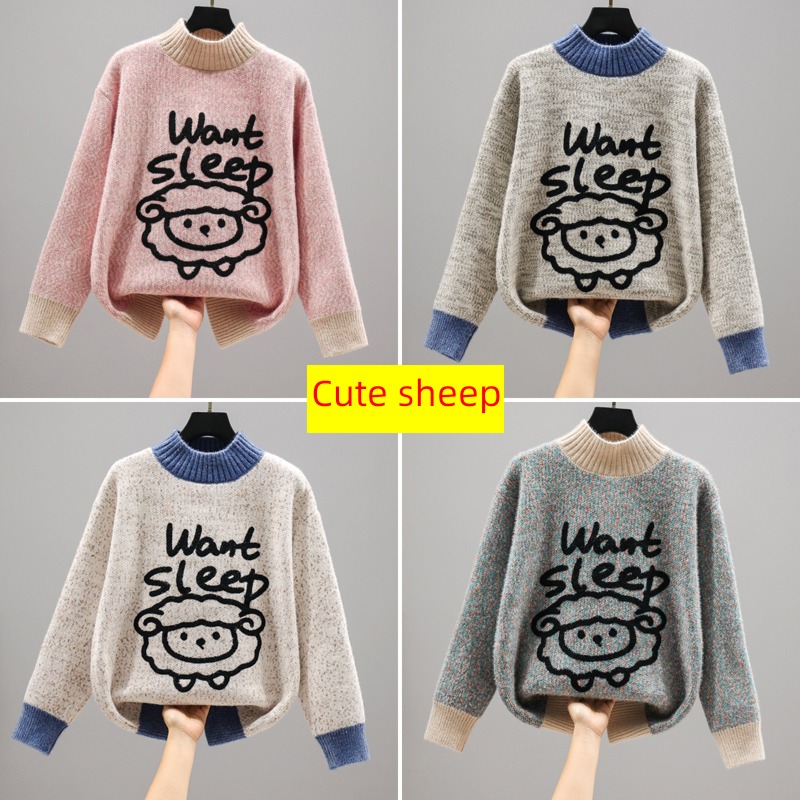 Hot money girl junior high school Plush thickening Half high collar sweater