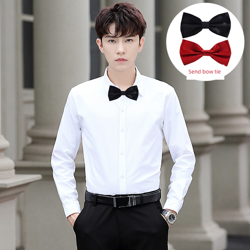 give Bow tie Long sleeve autumn white Korean version groom shirt