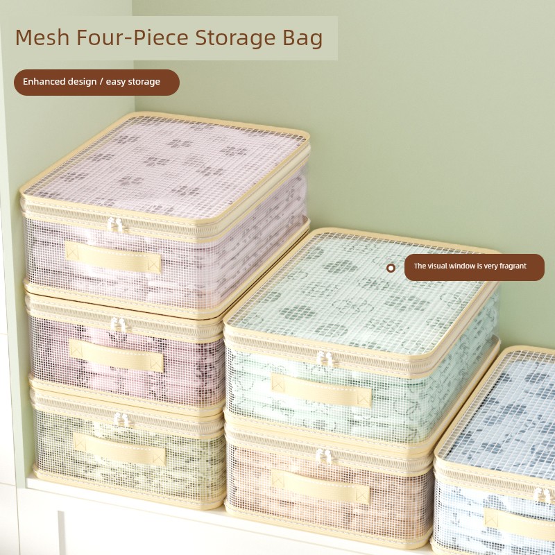 Mesh Four-Piece Storage Bag for Seasonal Clothes, Clothing Organizer Bag, Wardrobe Quilt Dustproof Compartment with Handle for Storage