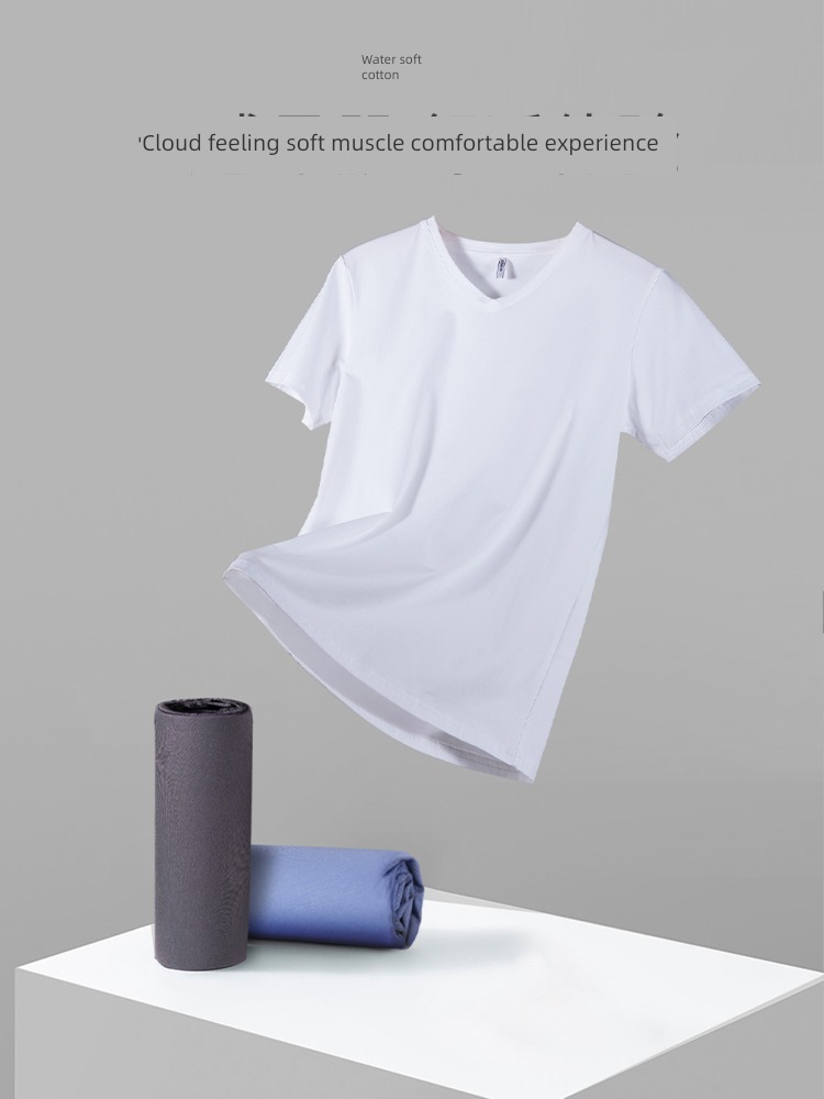 man V-neck Water soft cotton Tight fitting white Short sleeve T-shirt