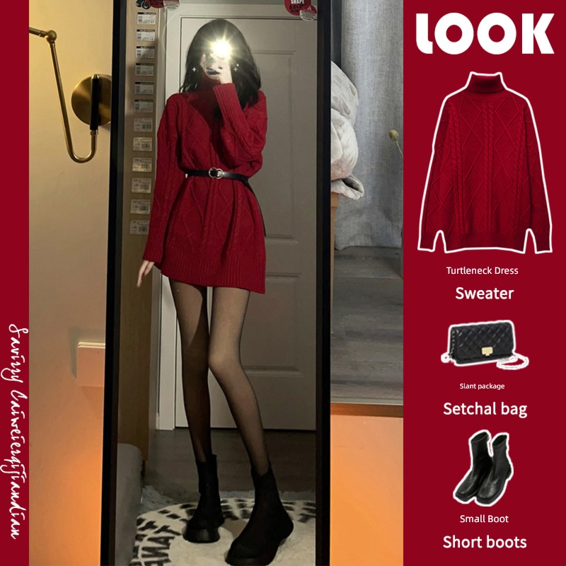 Autumn and winter High collar celebrate the Spring Festival Sweet and spicy wind Show thin Wool dress