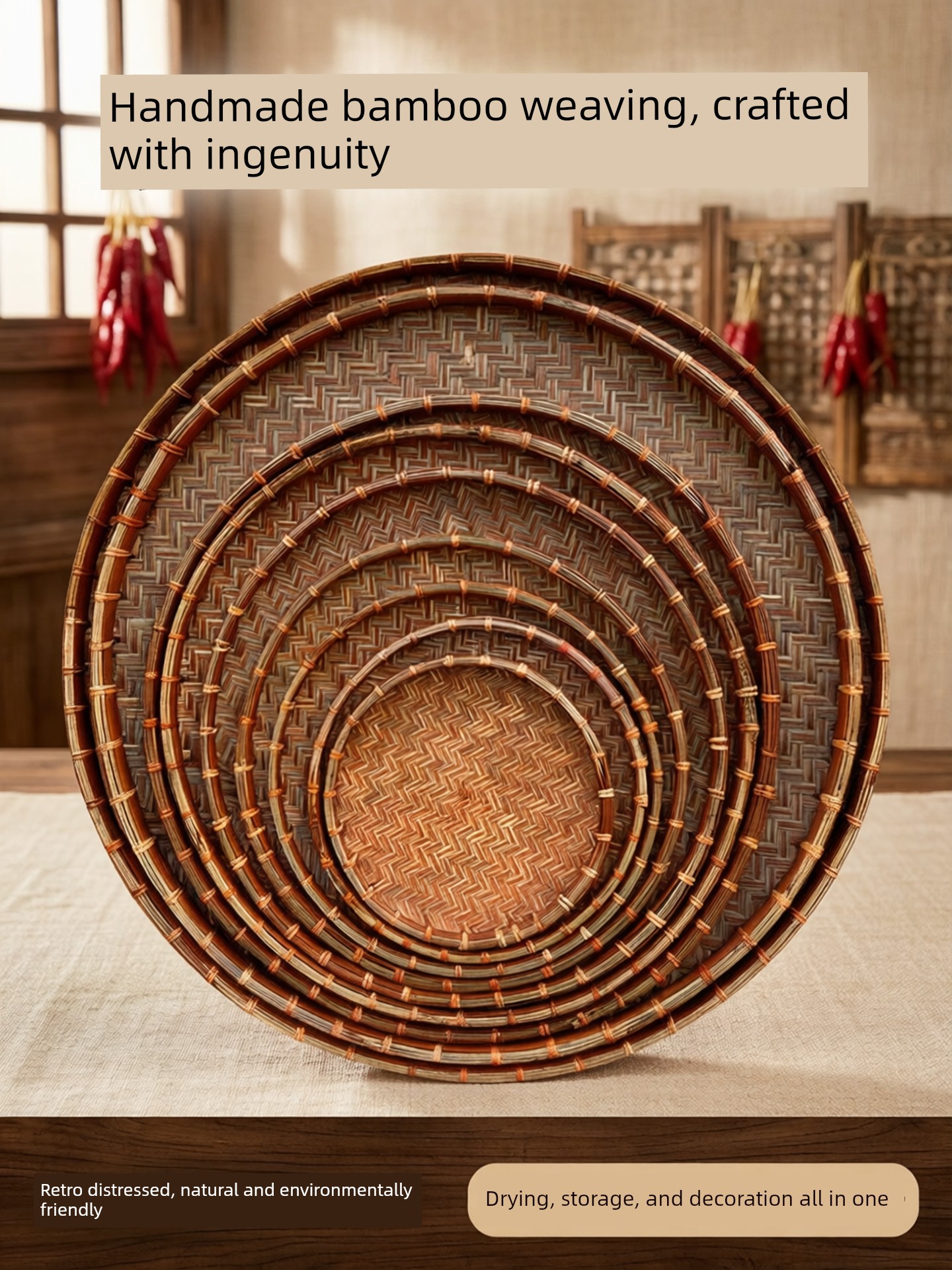 Bamboo Woven Vintage-Style Flat Basket Decorative Large Bamboo Plaque Round Drying Tray for Dry Goods and Tea Leaves Bamboo Woven Basket