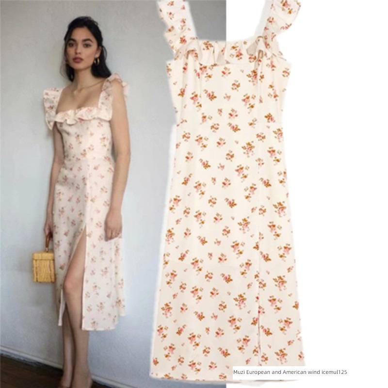 Women's wear sexy Side split Hem square neck Dress