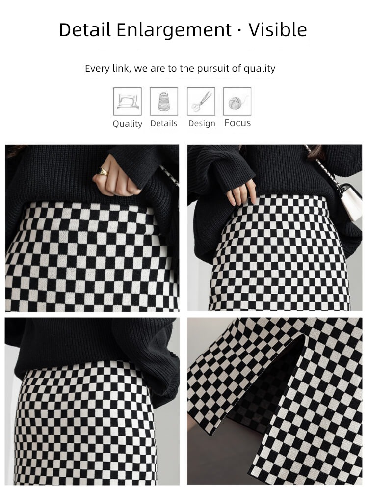 Medium and long term High waist Buttocks A-line skirt checkerboard lattice