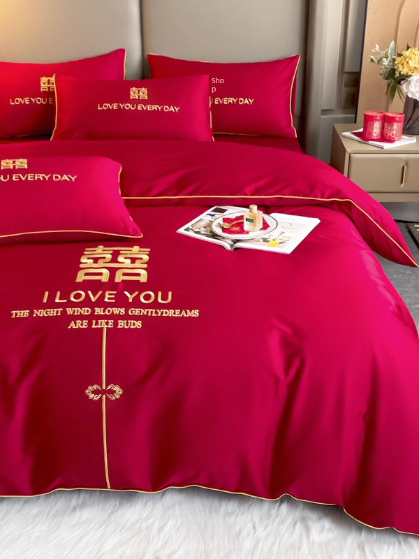 High-grade wedding four-piece set big red joy quilt cover Embroider dragon and phoenix new wedding room wedding gift bed hat single bedding 4