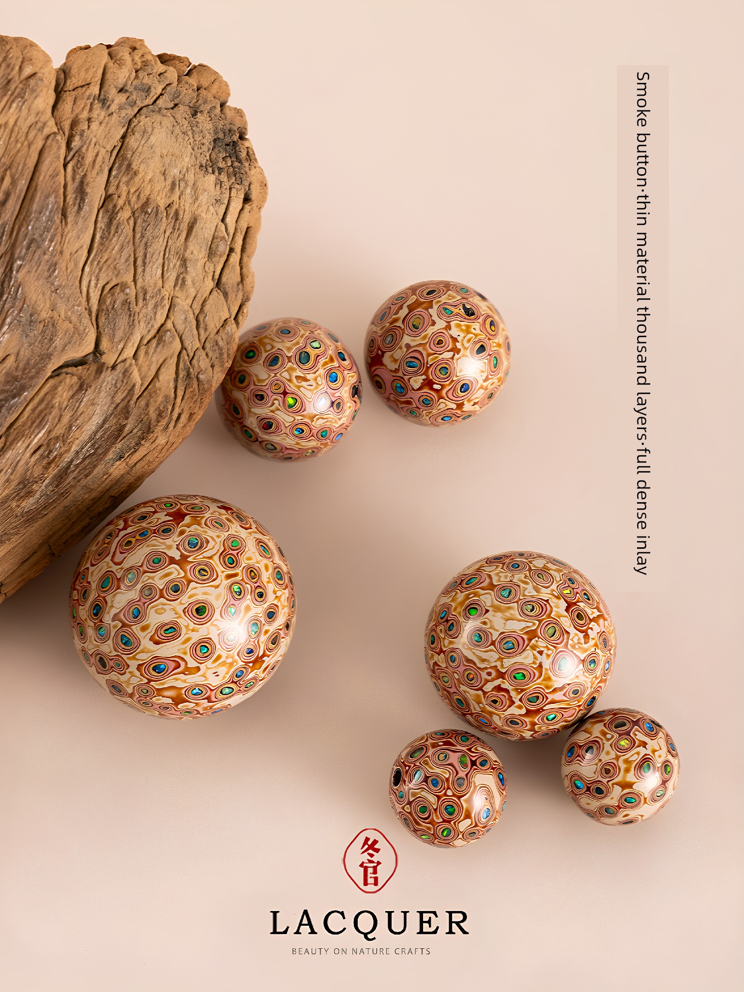 Natural Lacquer Single Bead Necklace Accessory with Intricate Inlay, Handcrafted Jewelry, Smoke Cloud Pattern