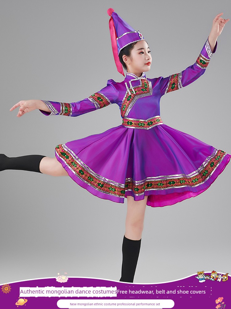 Mongolian Children's Performance Costumes for Girls, Mongolian Dance Costumes, Ethnic Costumes for Toddlers, Mongolian Robes for Performances, Summer — 2