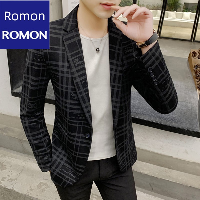 Spring and Autumn Korean version Self-cultivation printing leisure time lattice man 's suit