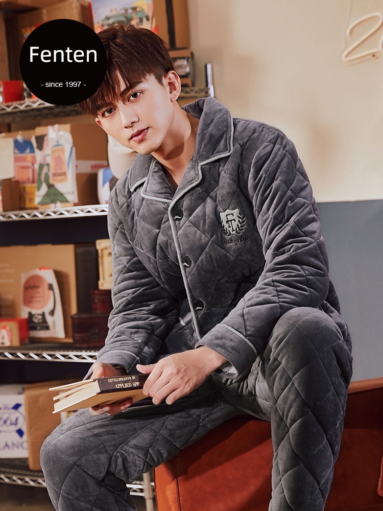 Finthen  male Cotton clip Super thick Plush Winter money suit pajamas