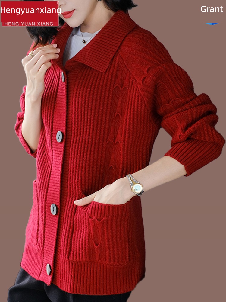 hyz  Lapel middle age Mother dress knitting Cardigan
