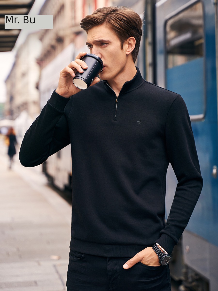 Mr. Bu man leisure time zipper stand collar Long sleeve T-shirt