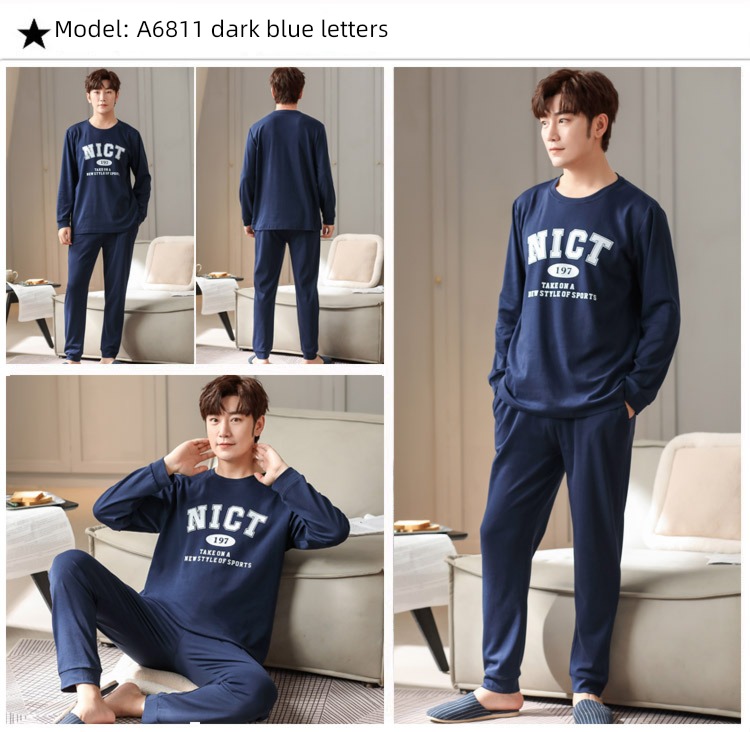 male Long sleeve Cotton Big size Autumn  summer suit pajamas