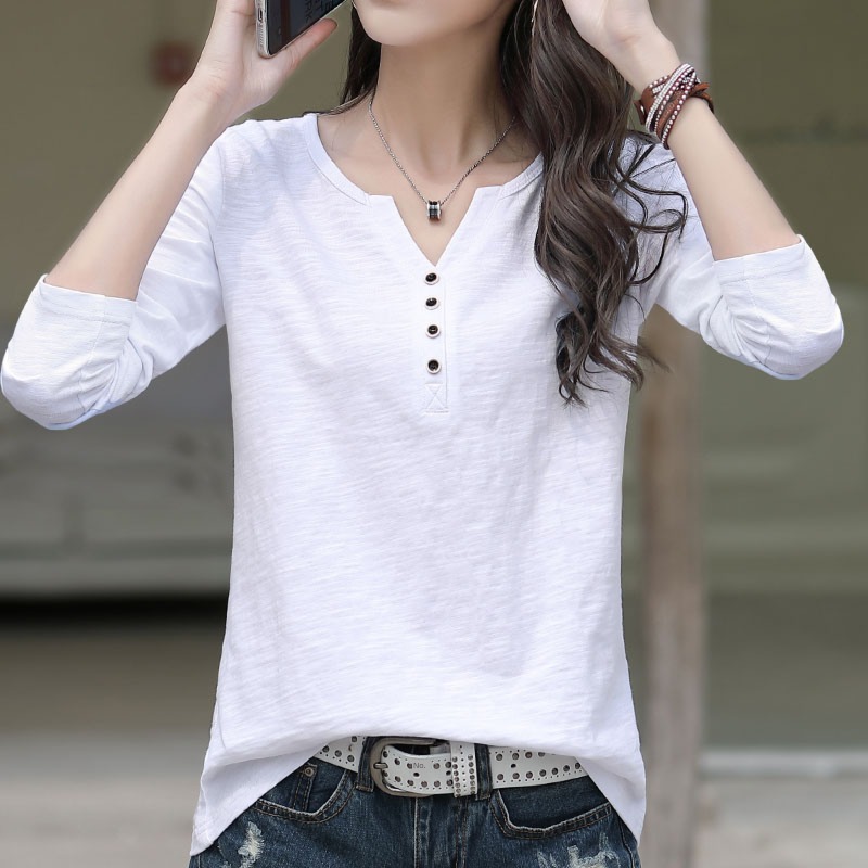 easy V-neck spring clothes Slubby cotton jacket Long sleeve T-shirt