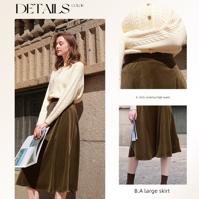 Tricolor Autumn and winter Solid color Medium length corduroy skirt