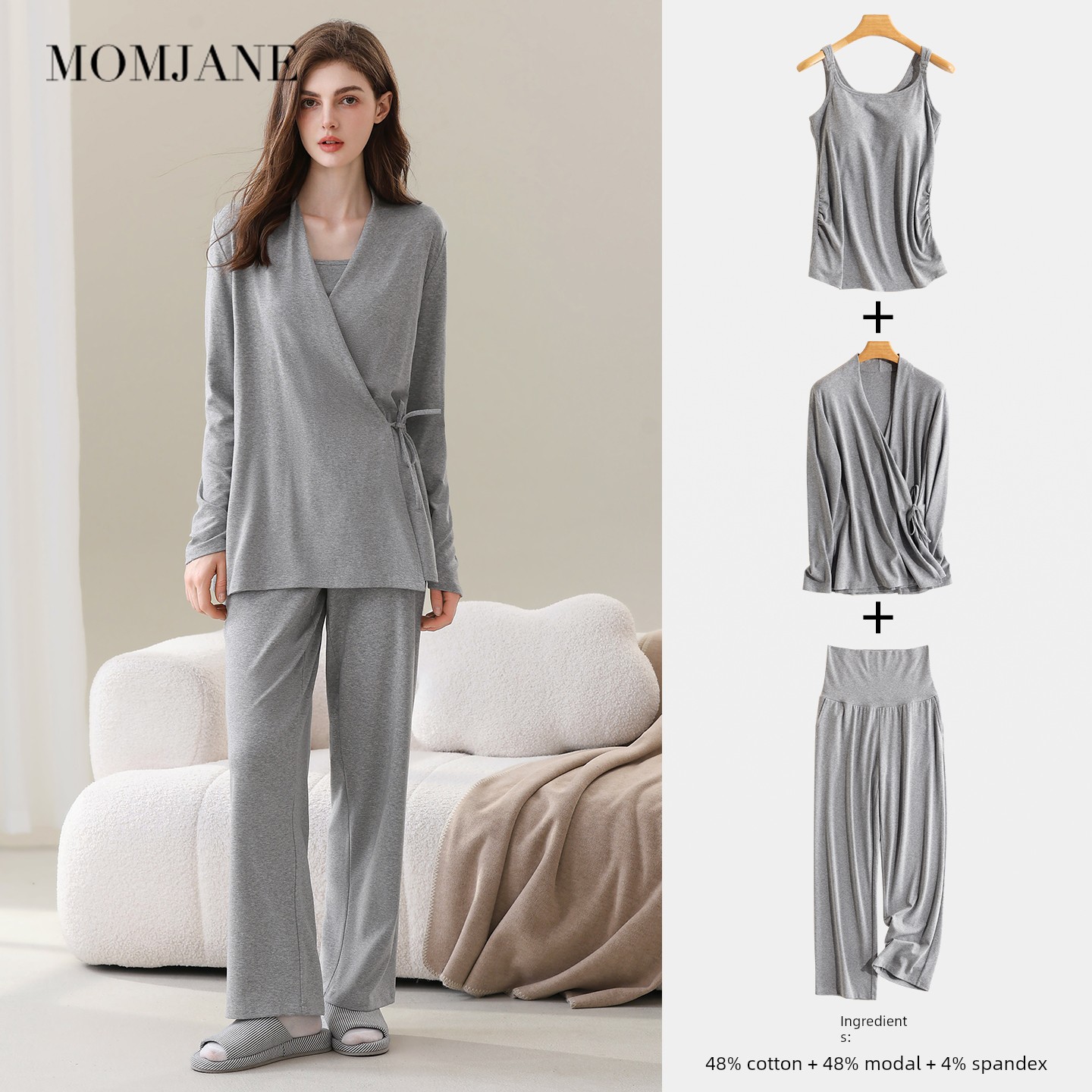 Maternity Pajamas with Breast Pads, Modal Nursing Sleepwear, Postpartum Breastfeeding Mother and Baby Loungewear Set — 2