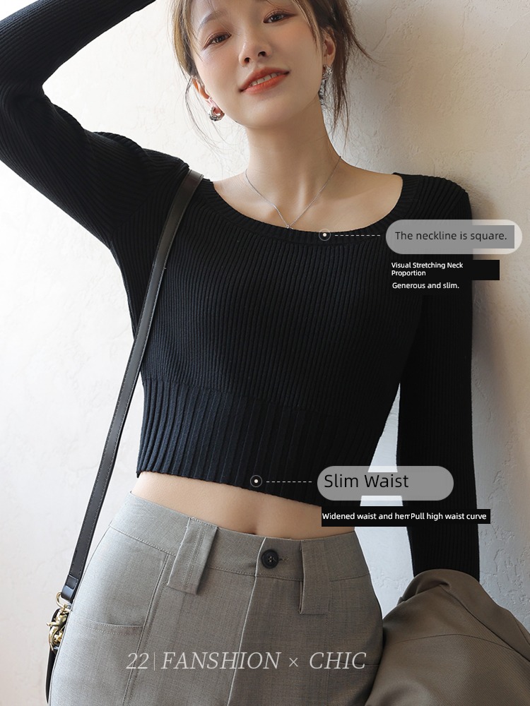 square neck Inner lap white Self-cultivation Long sleeve jacket Sweater